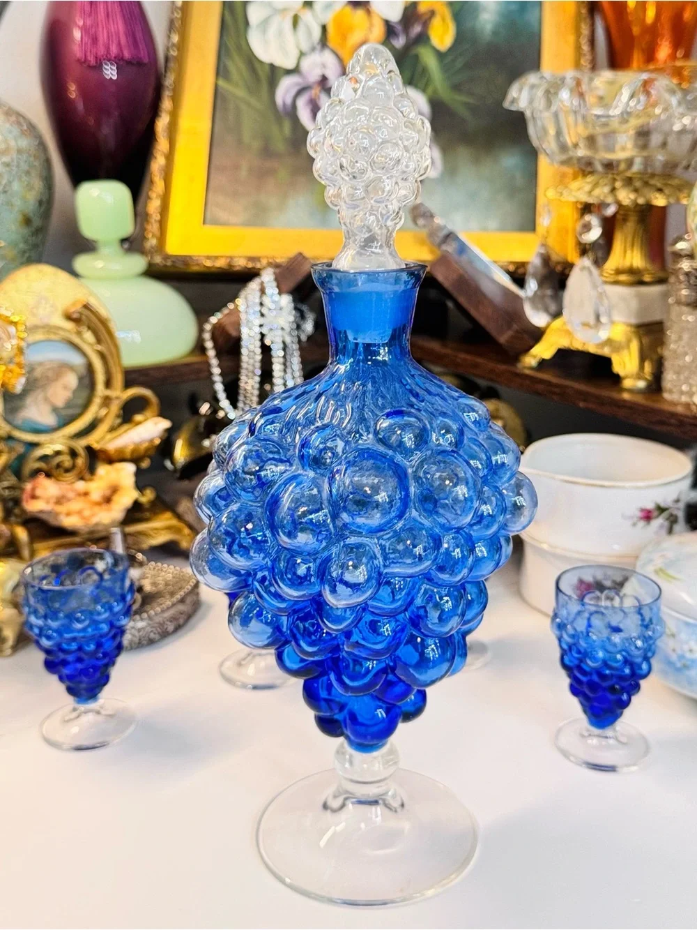 1950s–1960s Empoli Italian Cobalt Blue Grape Cluster Glass Decanter Set